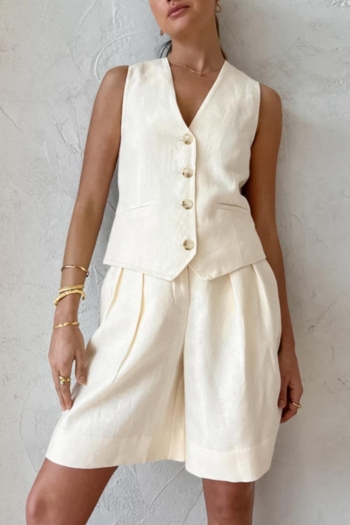 stylish non-stretch cotton linen fabric pure color vest & shorts set