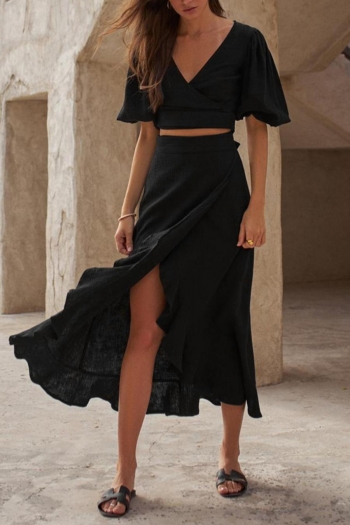 stylish non-stretch pure cotton v-neck lace-up top & ruffle wrap midi skirt set