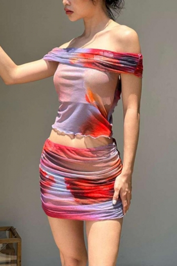 sexy slight stretch off-shoulder shirring tie dye batch printing mini skirt sets