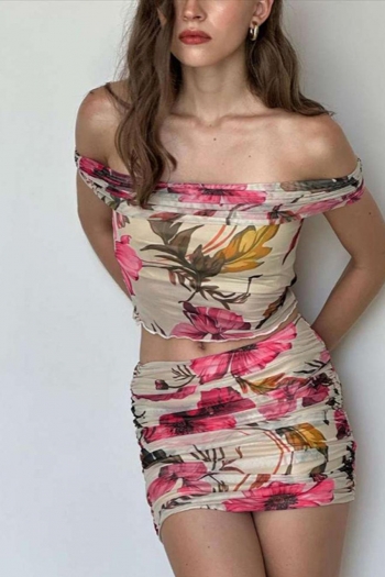 sexy slight stretch off-shoulder shirring flower batch printing mini skirt sets
