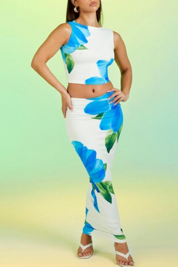 sexy slight stretch slim crop vest flower printing maxi skirt sets