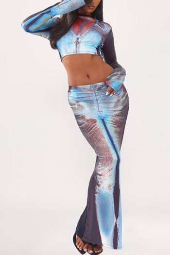 sexy slight stretch crop top printing maxi skirt sets