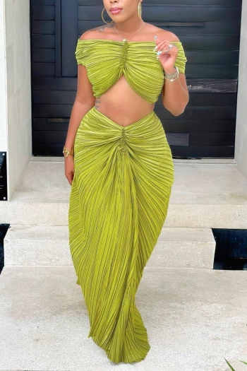 sexy plus size non-stretch solid color zip-up crop top pleated maxi skirt sets