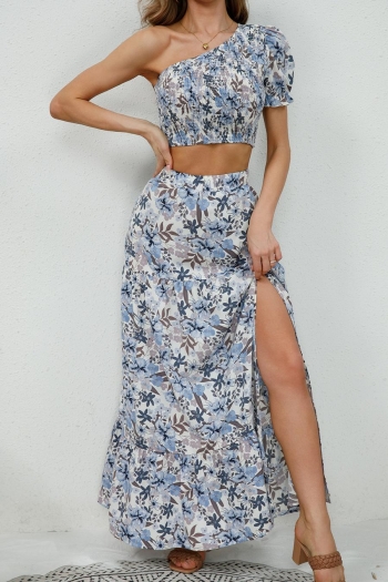 bohemian non-stretch floral printing one shoulder top & slit maxi skirt set