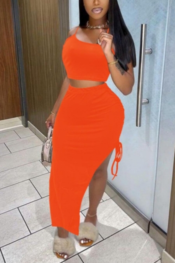 sexy plus size slight stretch 3 colors orange crop vest & drawstring skirt set