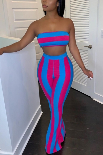 sexy plus size slight stretch contrast color stripe tube design pants sets