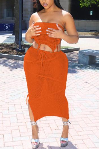 sexy plus size slight stretch solid color tube design lace-up maxi skirt sets