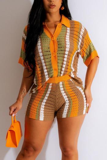 sexy slight stretch contrast stripe cut out knitted 5 colors top & shorts set