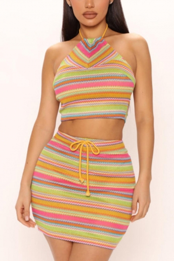 sexy slight stretch halter neck slim knit multicolor striped mini skirt sets