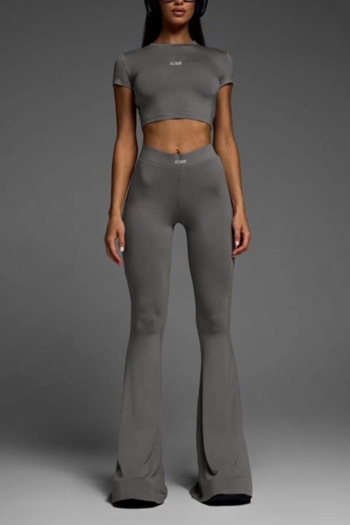 stylish slight stretch letter embroidery crop top & bell-bottoms set