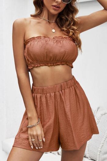 sexy slight stretch solid color crop tube top high waist shorts sets