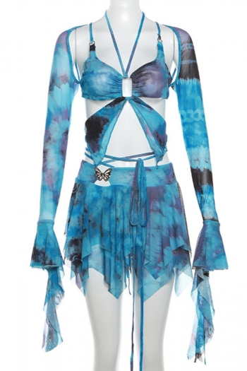 Sexy slight stretch batch printing mesh halter-neck mini skirt three-piece set