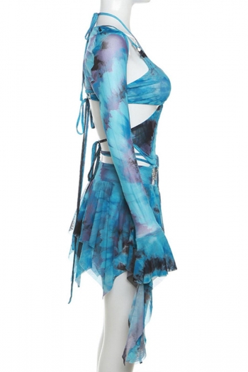 Sexy slight stretch batch printing mesh halter-neck mini skirt three-piece set