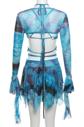 Sexy slight stretch batch printing mesh halter-neck mini skirt three-piece set