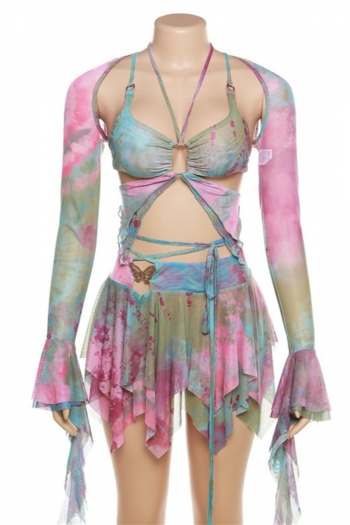 Sexy slight stretch batch printing mesh halter-neck mini skirt three-piece set