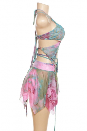 Sexy slight stretch batch printing mesh halter-neck mini skirt three-piece set