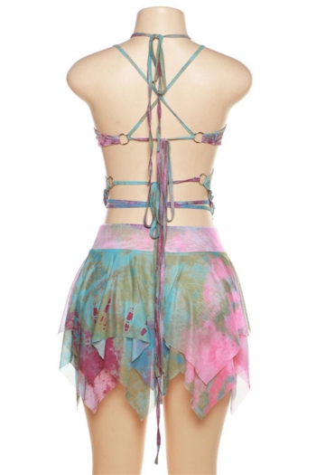Sexy slight stretch batch printing mesh halter-neck mini skirt three-piece set