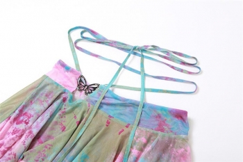 Sexy slight stretch batch printing mesh halter-neck mini skirt three-piece set