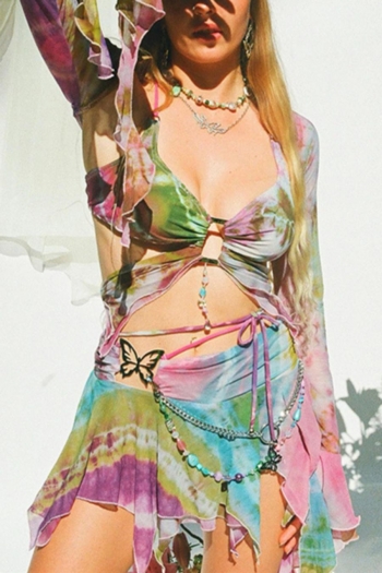 Sexy slight stretch batch printing mesh halter-neck mini skirt three-piece set