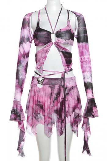 Sexy slight stretch batch printing mesh halter-neck mini skirt three-piece set