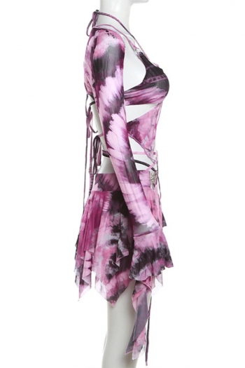 Sexy slight stretch batch printing mesh halter-neck mini skirt three-piece set