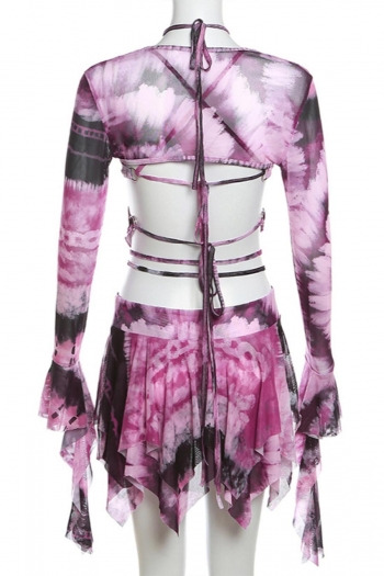 Sexy slight stretch batch printing mesh halter-neck mini skirt three-piece set