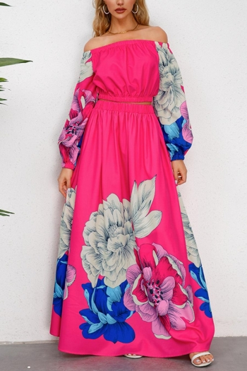 bohemian plus size non-stretch flower printing off shoulder top & maxi skirt set