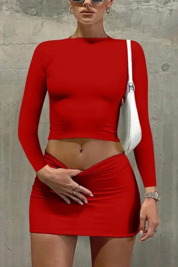sexy slight stretch 3 colors long sleeve crop top & bodycon mini skirt set