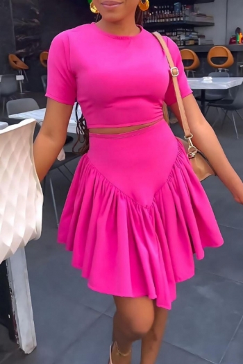 casual plus size slight stretch solid color crew neck mini skirt sets