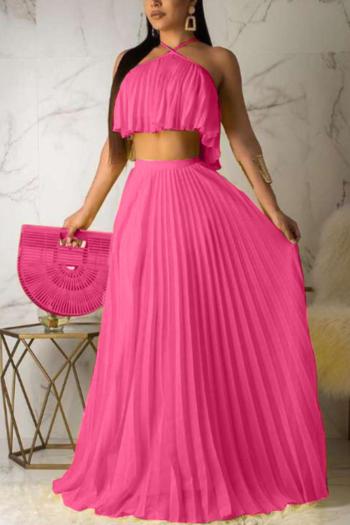 sexy plus size non-stretch solid color halter-neck pleated maxi skirt sets