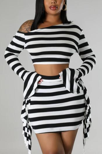 sexy plus size slight stretch stripe printing bell-sleeve top & mini skirt set