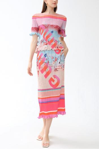 casual slight stretch contrast color letter fixed printing midi skirt sets