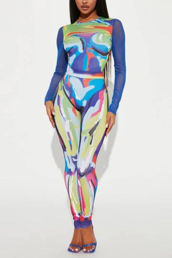 stylish slight stretch bodysuit mesh patchwork printing pants sets