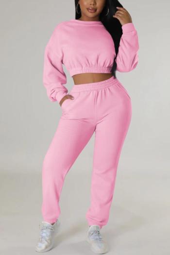casual slight stretch solid color crew neck pants sets