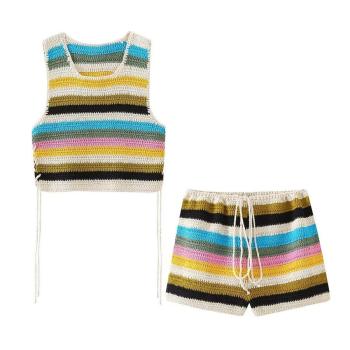 sexy slight stretch lace-up knitted striped shorts sets size run small
