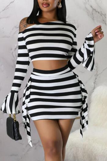 sexy plus size slight stretch stripe printing slim bell sleeves mini skirt sets