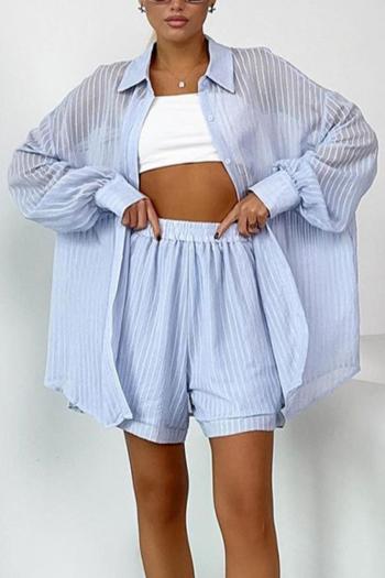 stylish non-stretch pure color stripe blouse & shorts set(with lined)