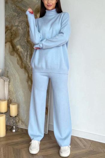 casual slight stretch ribbed knit solid color high collar pants sets