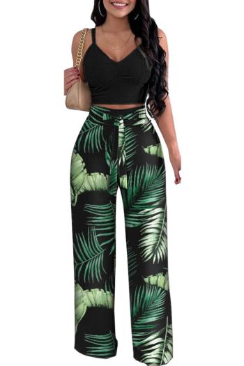 sexy plus size slight stretch palm leaves batch printing lace-up pants sets