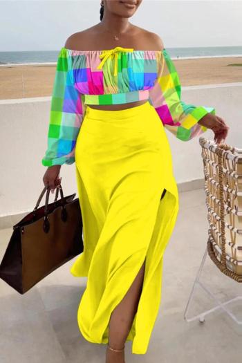 stylish plus size slight stretch lattice printing off shoulder top & skirt set