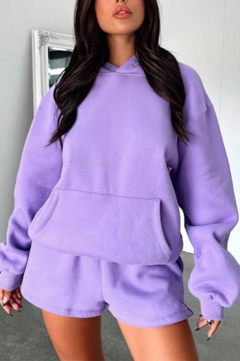Stylish plus size slight stretch 9 colors pocket hooded sweatshirt shorts sets
