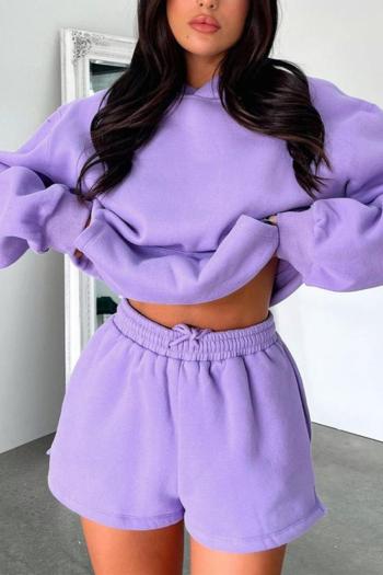 Stylish plus size slight stretch 9 colors pocket hooded sweatshirt shorts sets