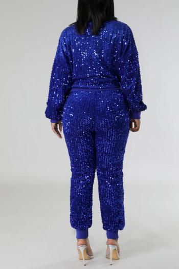 Stylish plus size slight stretch solid color sequins long sleeve pants sets