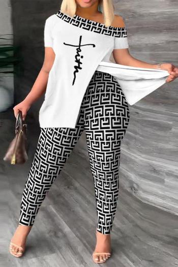casual plus size slight stretch letter & geometric graphic print top & pants set