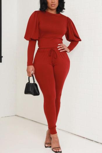 casual plus size slight stretch solid color crew neck puff sleeve pants sets