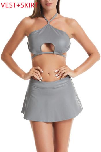 sexy plus size slight stretch reflective padded halter-neck vest & skirt set