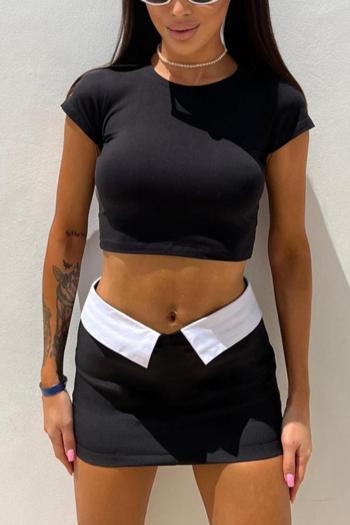 sexy slight stretch contrast color crew neck slim mini skirt sets