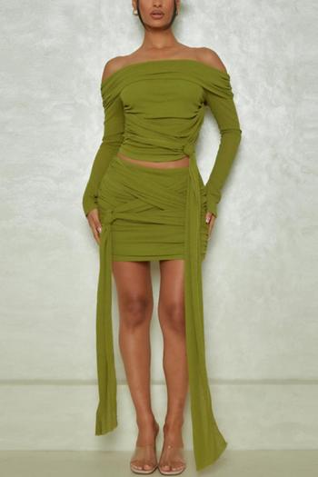 sexy slight stretch solid color slim streamer off-shoulder mini skirt sets