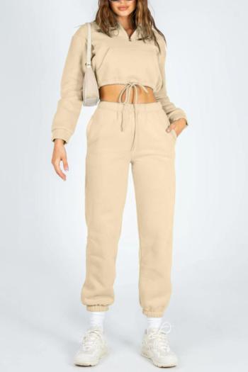 casual slight stretch zip-up pocket drawstring fleece sweatshirt pants sets