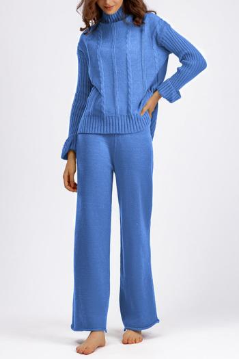 casual slight stretch solid knitted high collar sweater wide leg pants sets